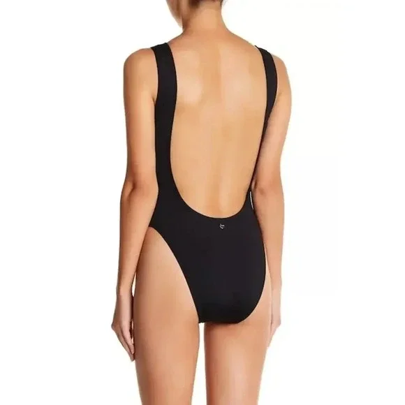 NEW Juicy Couture One Piece Swimsuit Foil Verbiage Logo Scoop Neck Black Women M - Picture 2 of 8